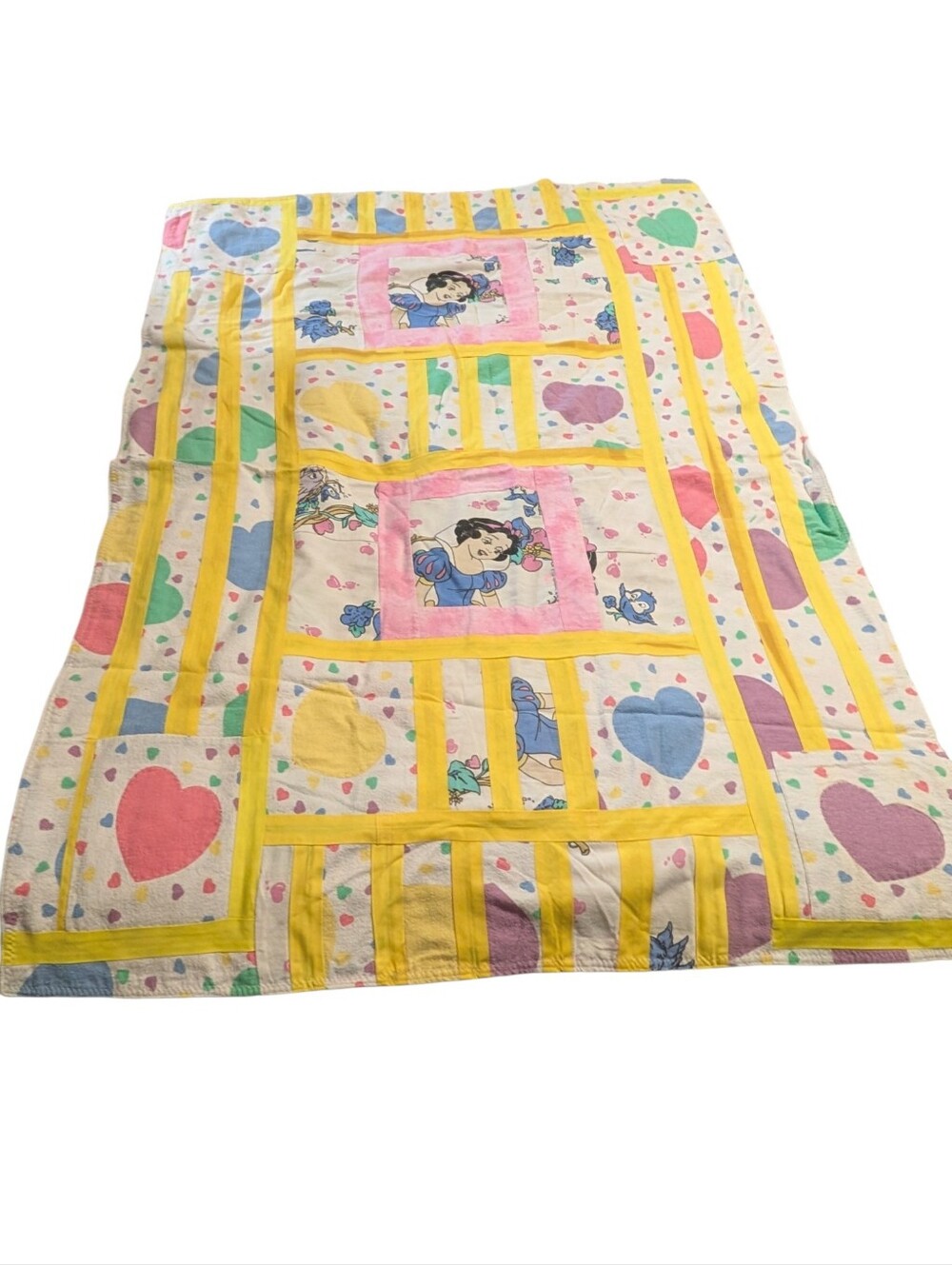 Vtg Homespun Disney Snow White Patchwork Blanket Pastel Hearts Nursery Decor